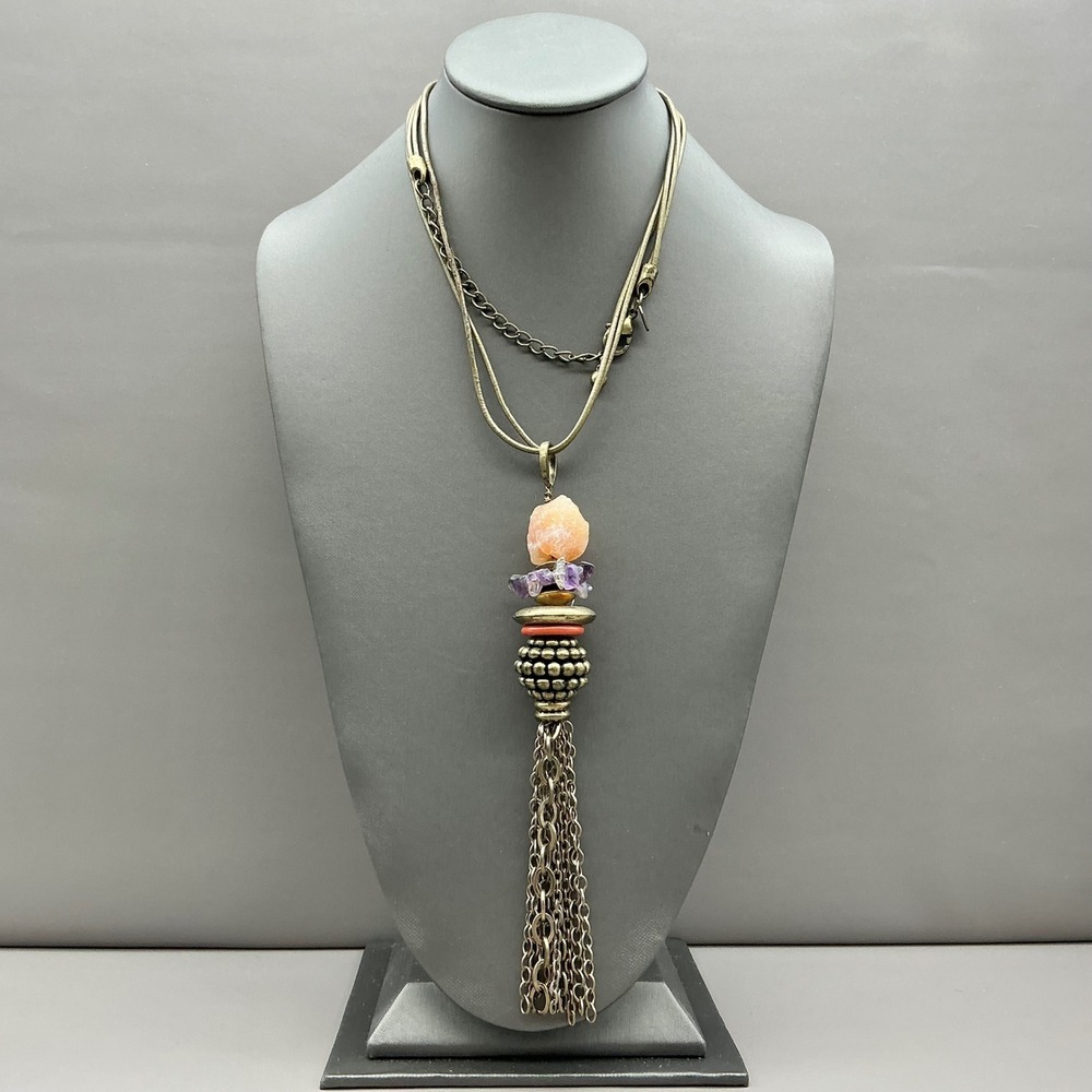 Chico's Tassel Necklace Women Gold Multi Strand Beaded Faux Stone Boho Statement